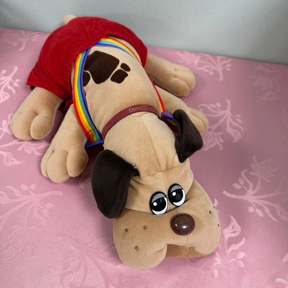 Vintage 1985 Tonka Pound Puppies Tan Plush Dog Red Rainbow Overalls 17 inch
